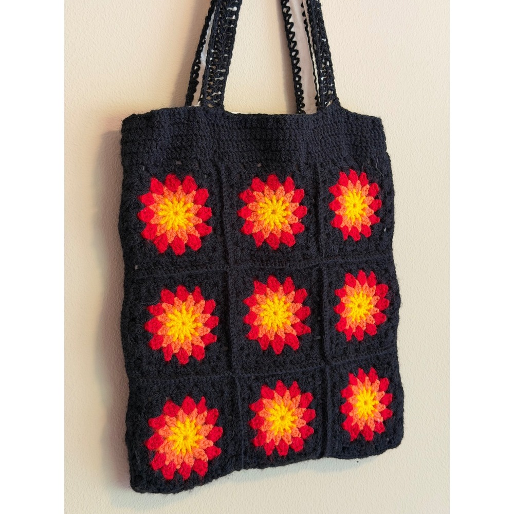 Handmade Crochet Square Tote Bag Black Red Floral Boho Lined Shoulder Bag - Picture 2 of 6